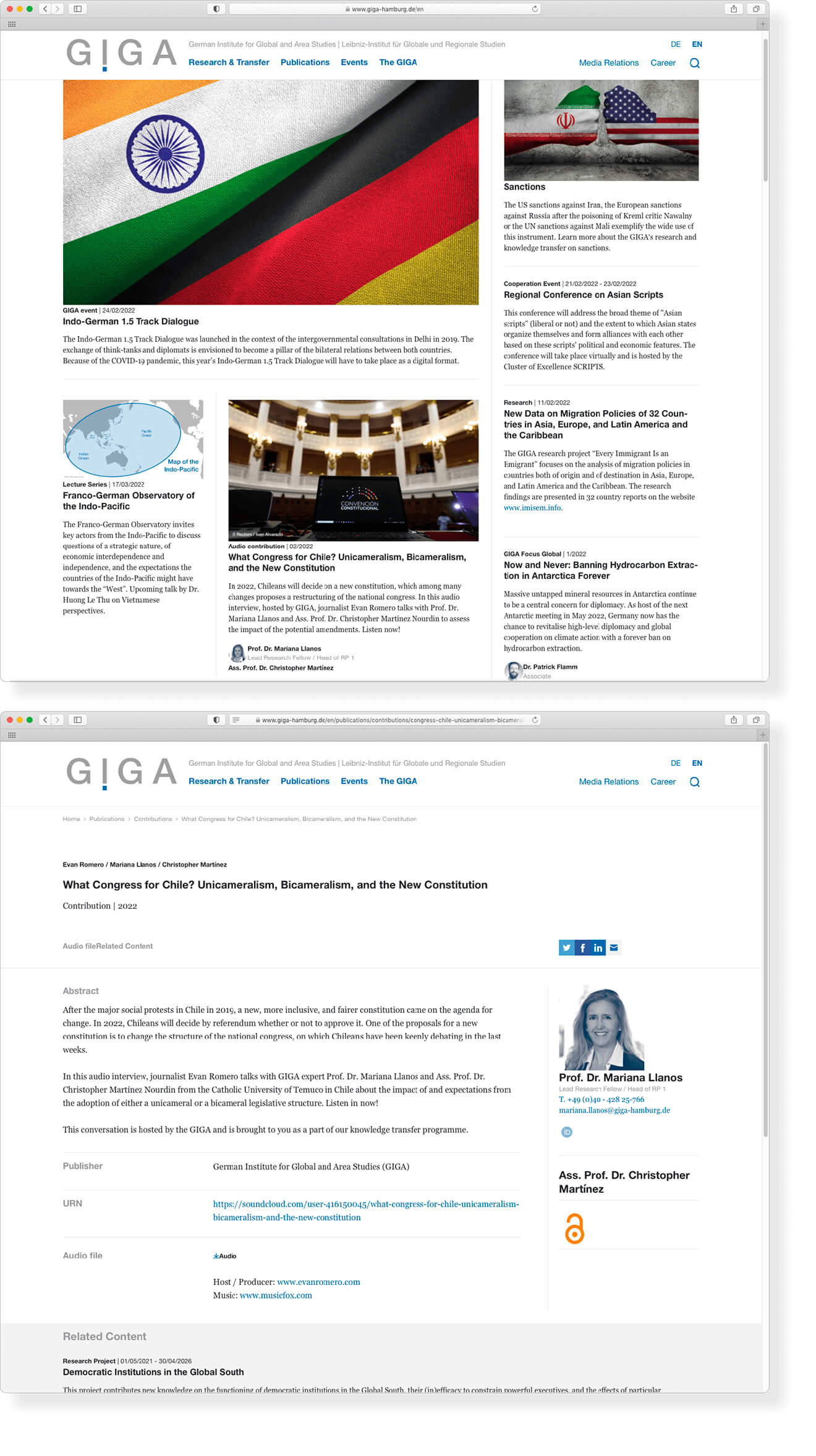 Capturas de pantalla del sitio web del Instituto GIGA