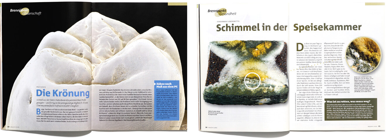 Dos dobles páginas para artículos sobre salud y ciencia de “healthy living”.